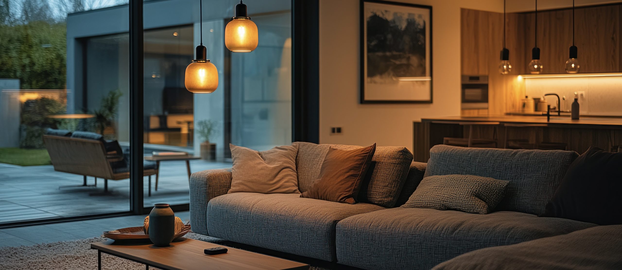 Cozy living room interior at night. View of garden with furniture through glass doors