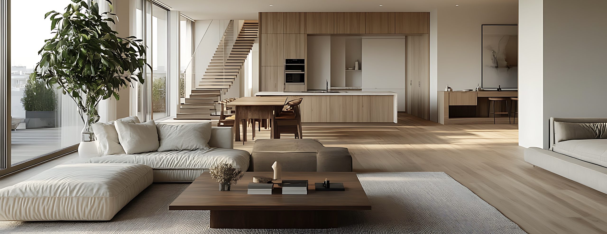 The image depicts a modern and luxurious interior with an open layout featuring stylish furniture and decor.