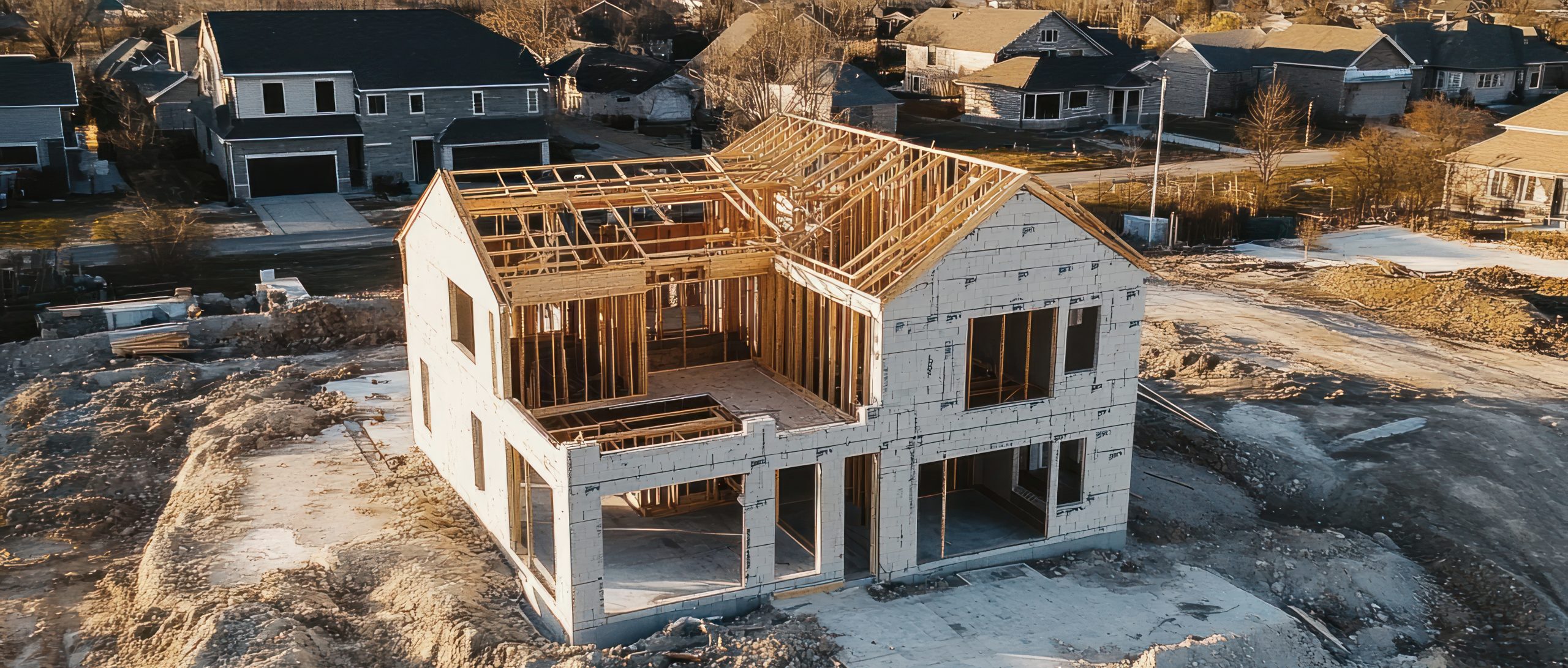 Aerial View of a New House Under Construction in a Suburban Neighborhood