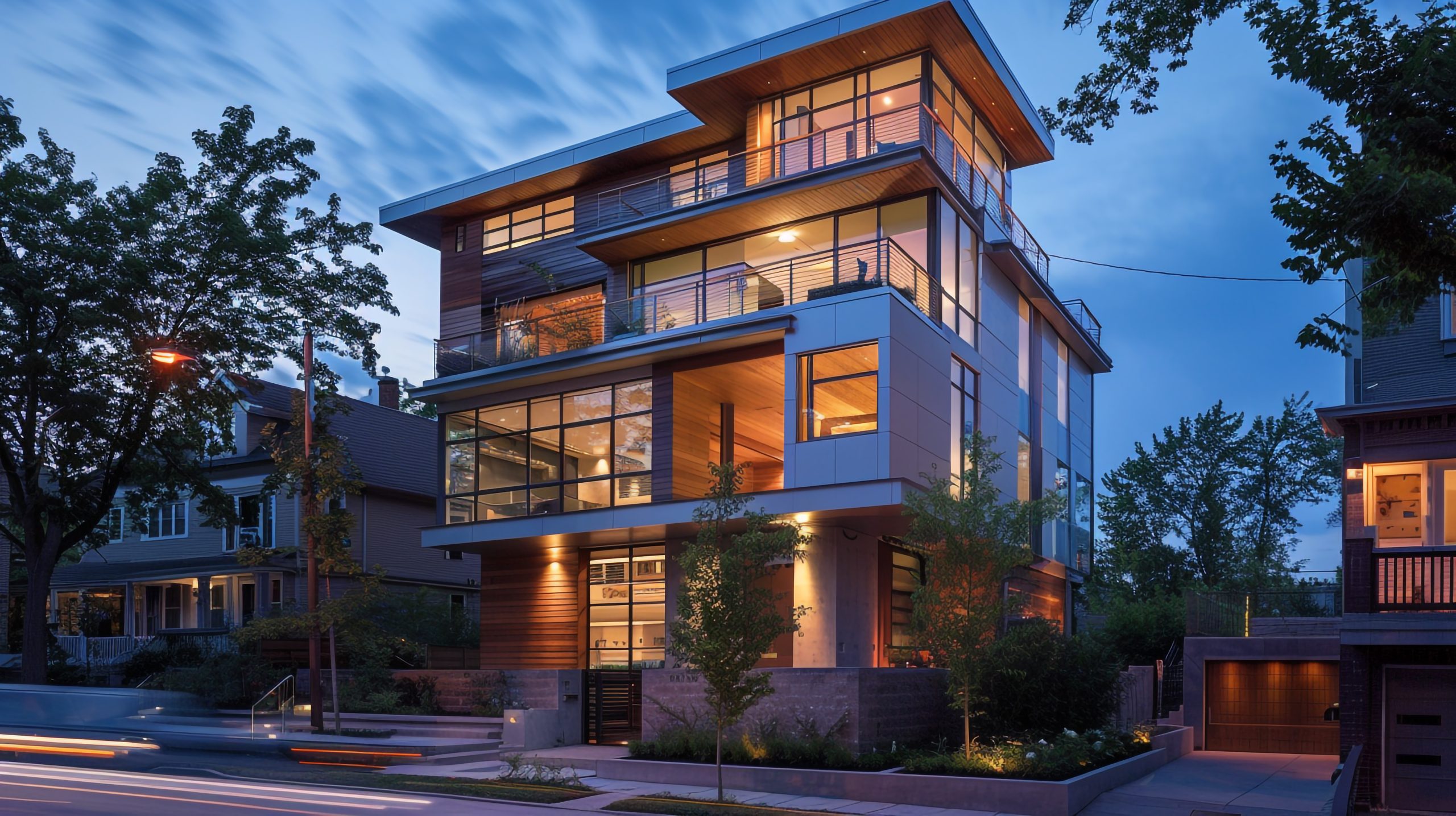 Discover a modern three-story urban infill house with a narrow footprint, featuring striking glass elements and warm evening lighting, perfect for urban living.