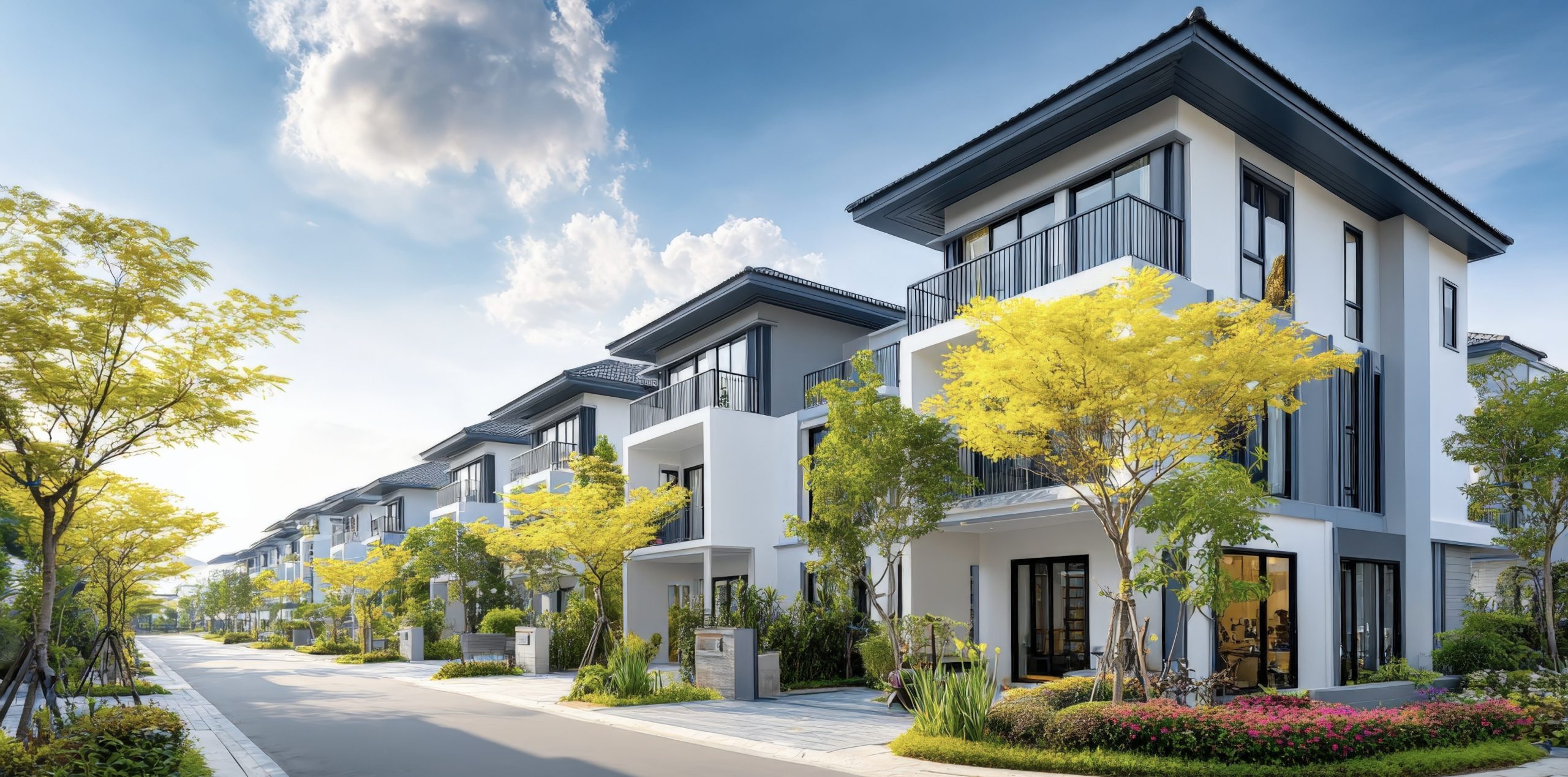 Modern contemporary multi-story residential townhouses with large windows lush greenery surrounding a sunny day in a planned community.