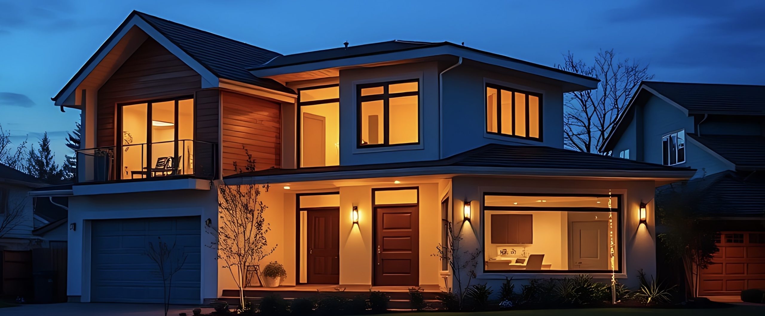 A modern house glowing warmly at dusk, surrounded by the soft light of twilight in a quiet neighborhood.
