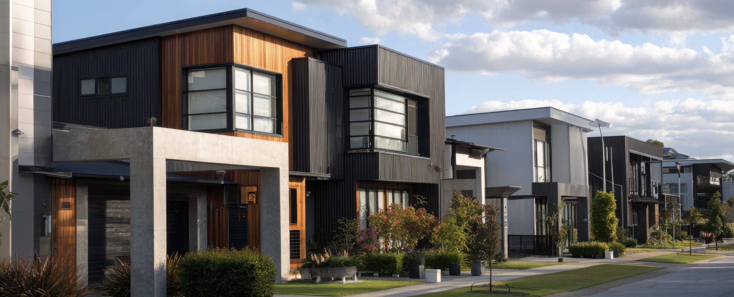 Several modern houses stand along a clean street in a suburban area. The sun shines bright, highlighting the designs and greenery in the yards.