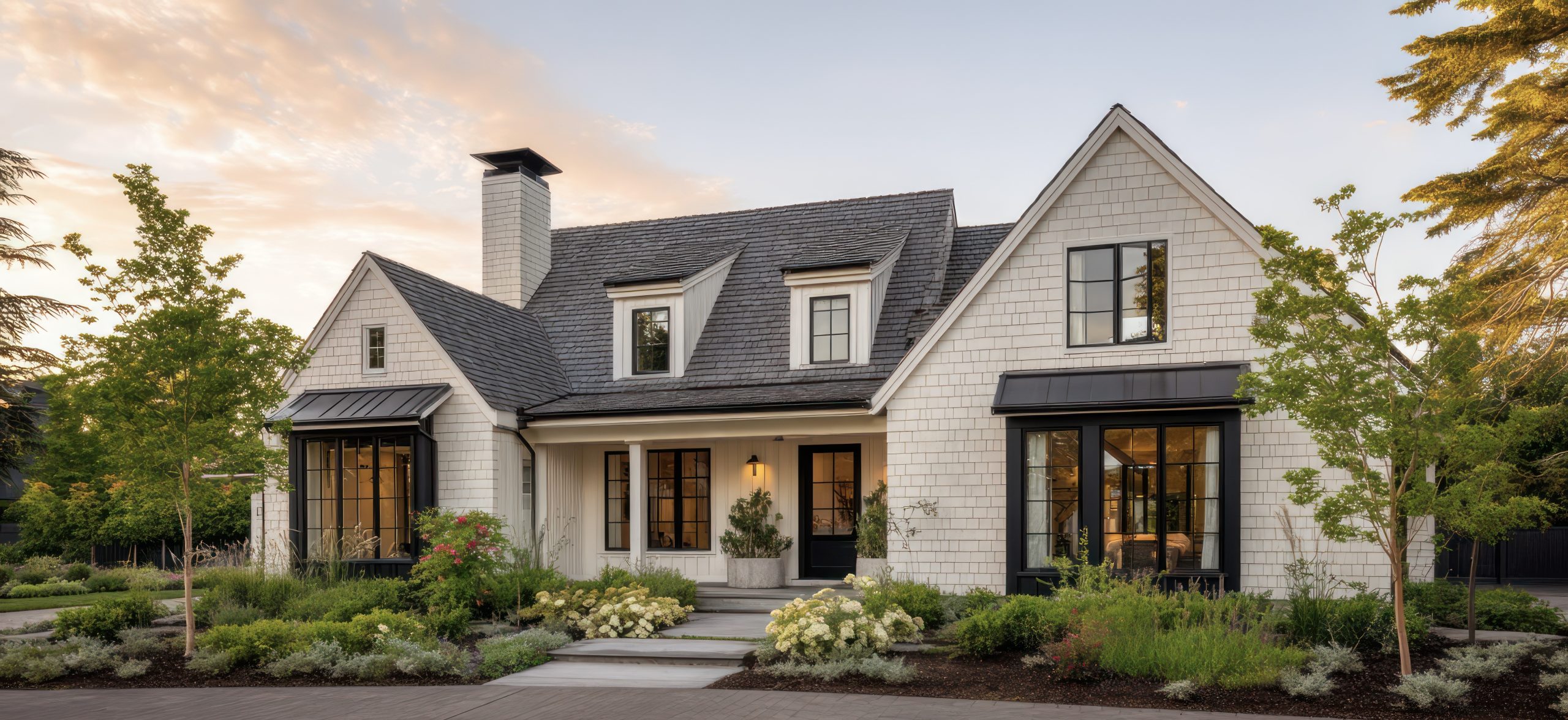 A farmhouse exterior with cream siding gray shingle roof and black framed windows Surrounded by manicured garden beds